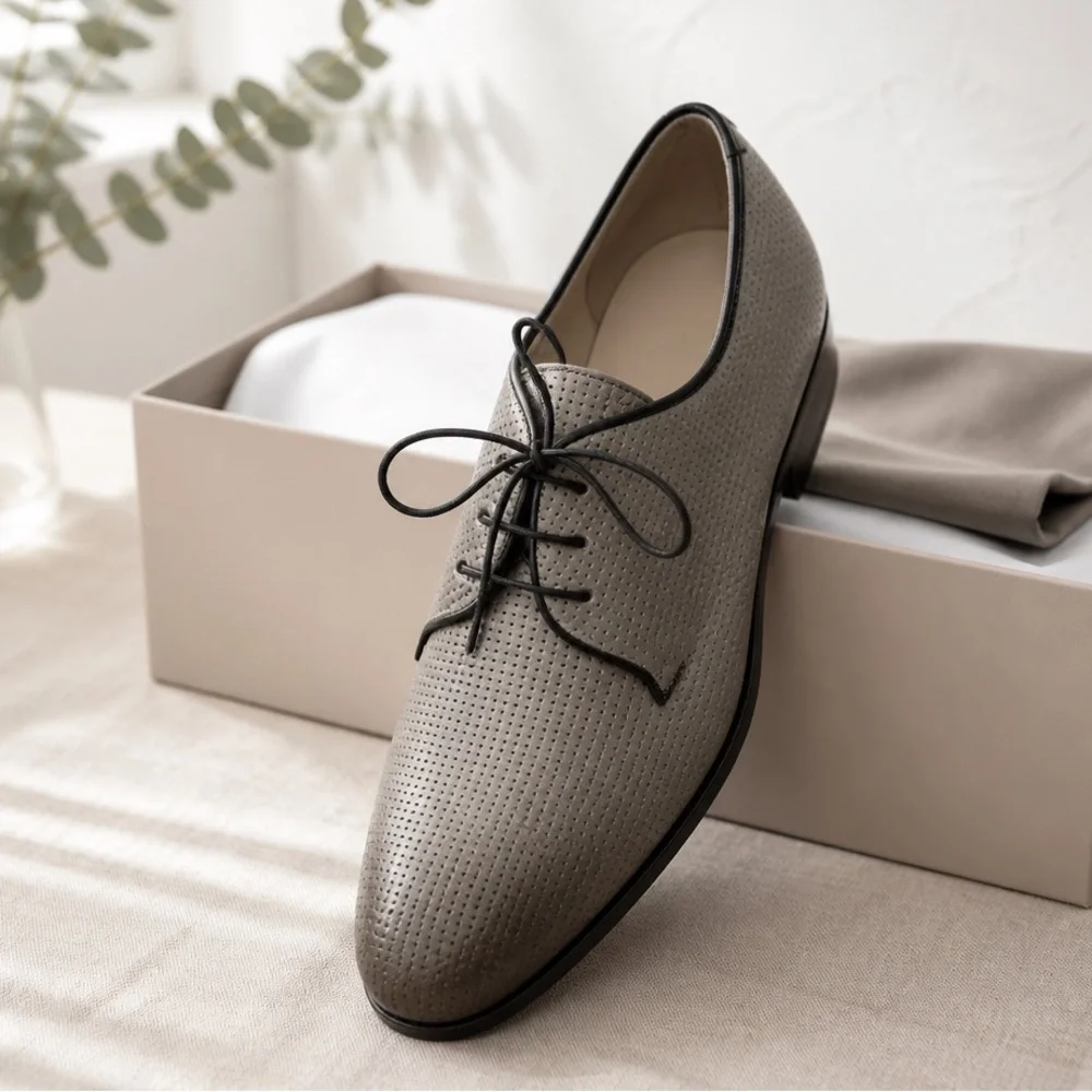 Doucal's Men’s Taupe Perforated Soft Leather Comfort Derby Shoes with Black Trim